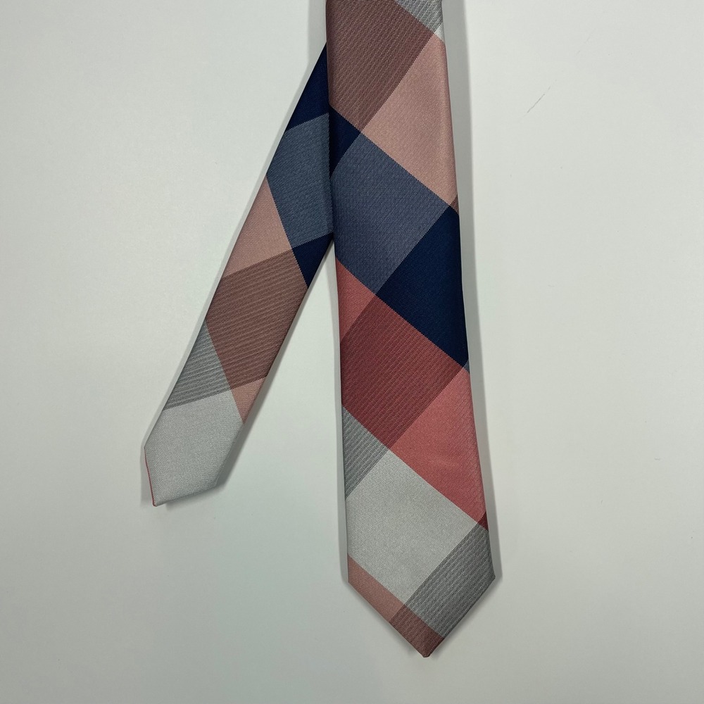 Express Pink Navy Blue Plaid Geometric Slim Necktie Mens OSFA